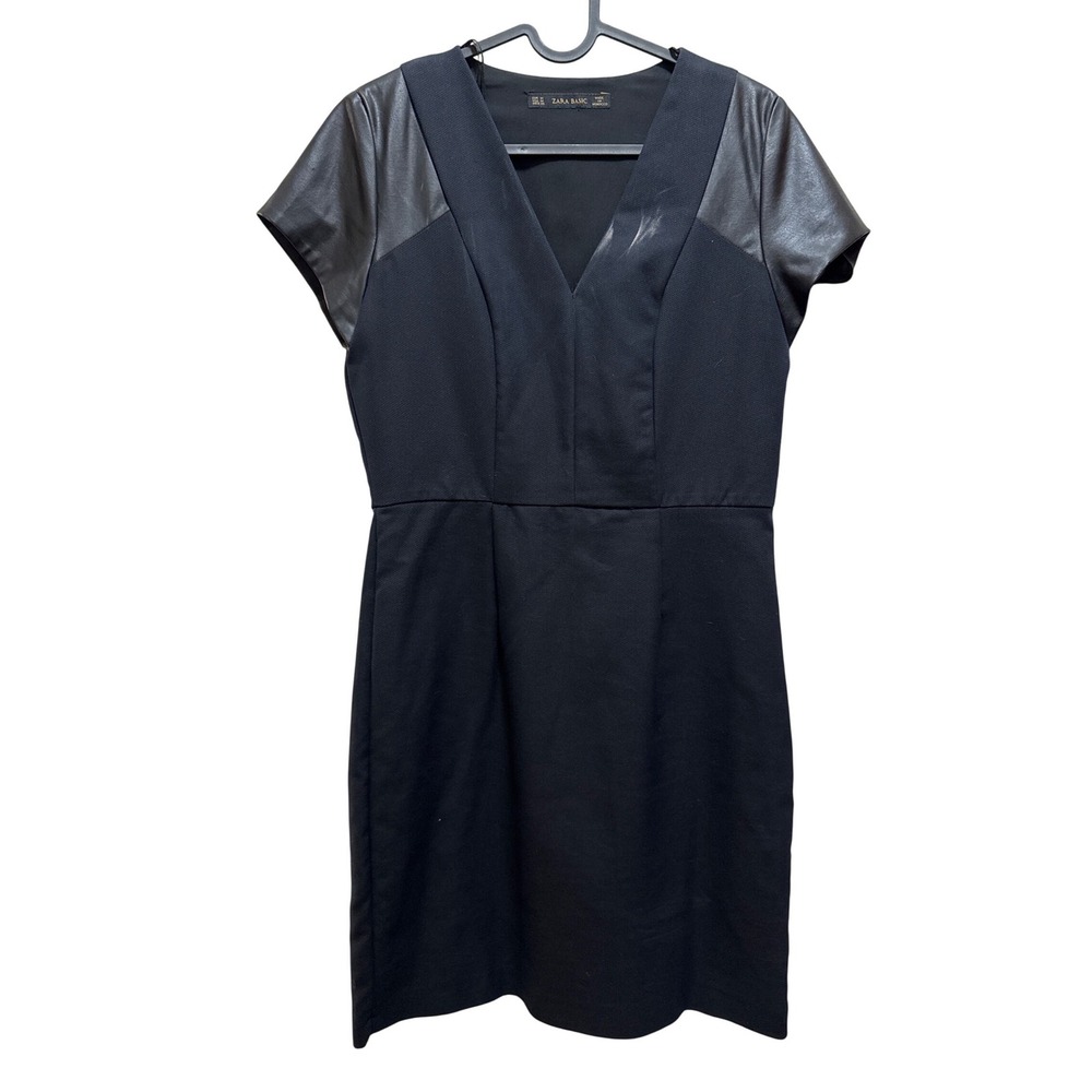 ZARA BASIC Black Faux Leather Sleeve V Neck Sheath Dress Size‎ M